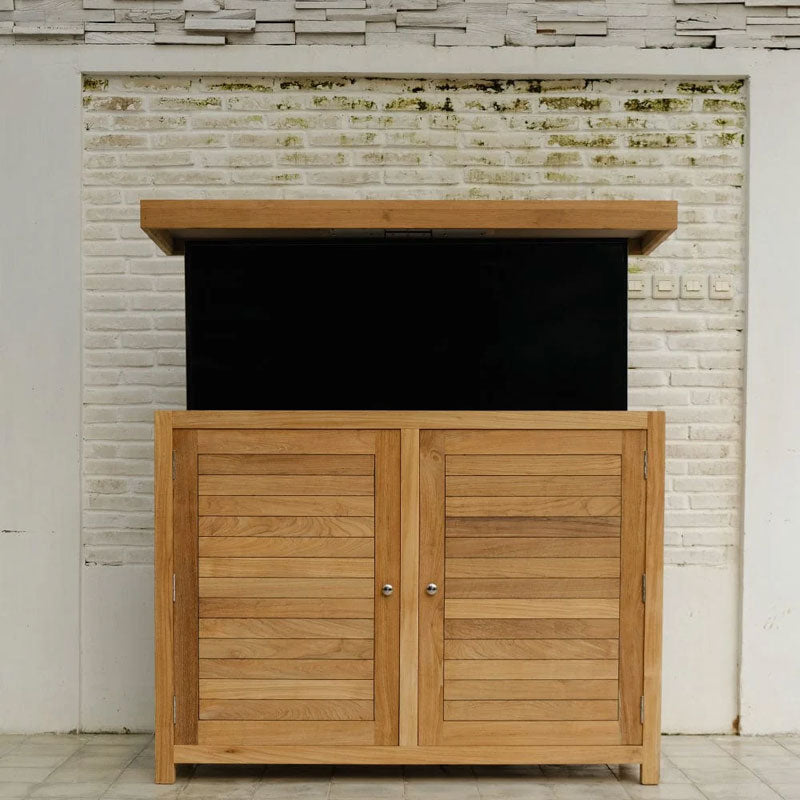 Touchstone TechTeak Outdoor Smart TV Lift Cabinet 70067, TV raised above the outdoor lift cabinet