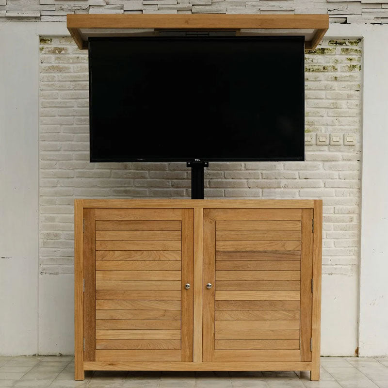 Touchstone TechTeak Outdoor Smart TV Lift Cabinet 70067, TV fully raised from the outdoor lift cabinet