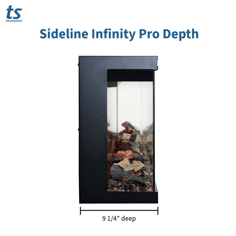 Touchstone Infinity Pro 3 Sided Recessed Smart Electric Fireplace 80066, three-sided electric fireplace depth diagram