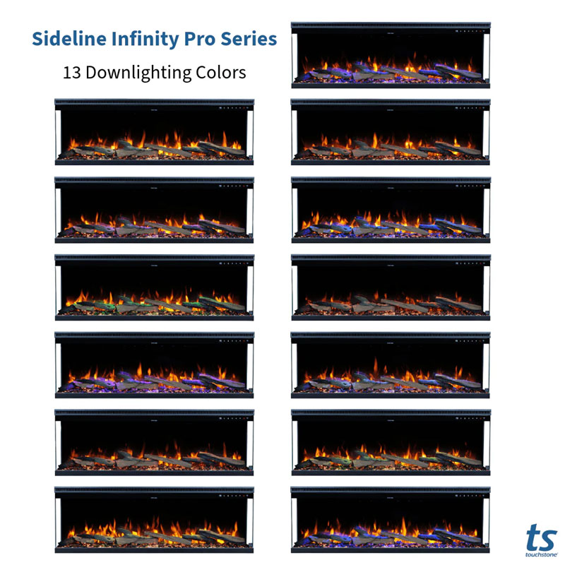 Touchstone Infinity Pro 3 Sided Recessed Smart Electric Fireplace 80066, electric fireplace downlighting color options