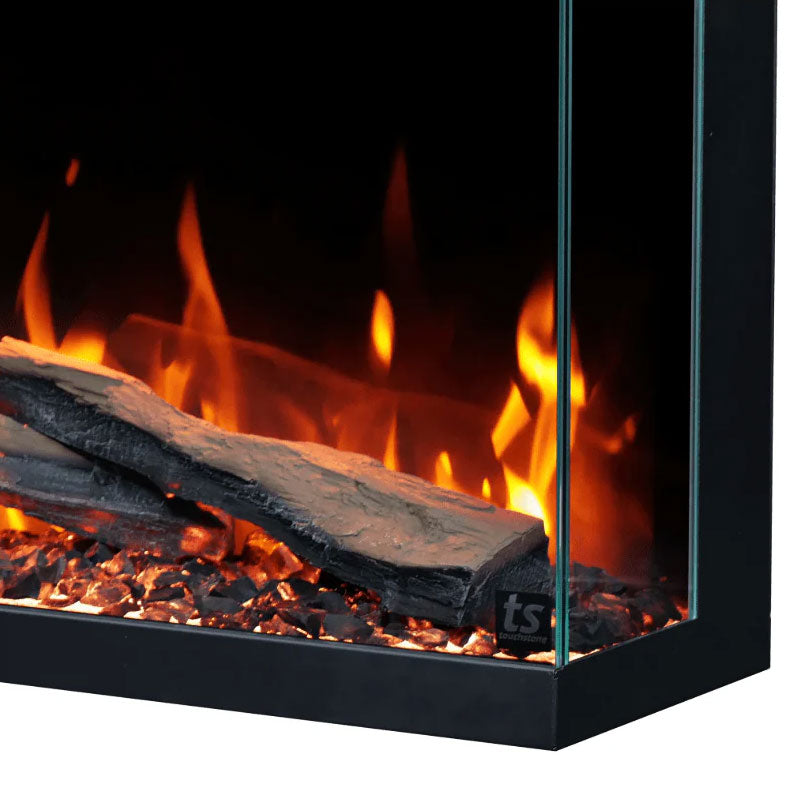Touchstone Infinity Pro 3 Sided Recessed Smart Electric Fireplace 80066, three-sided electric fireplace corner flame detail