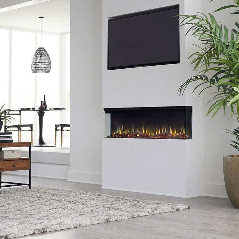 Touchstone Infinity Pro 3 Sided Recessed Smart Electric Fireplace 80066, electric fireplace installed open-plan living room view