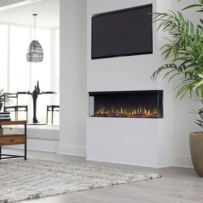 Touchstone Infinity Pro 3 Sided Recessed Smart Electric Fireplace 80066, electric fireplace installed open-plan living room view
