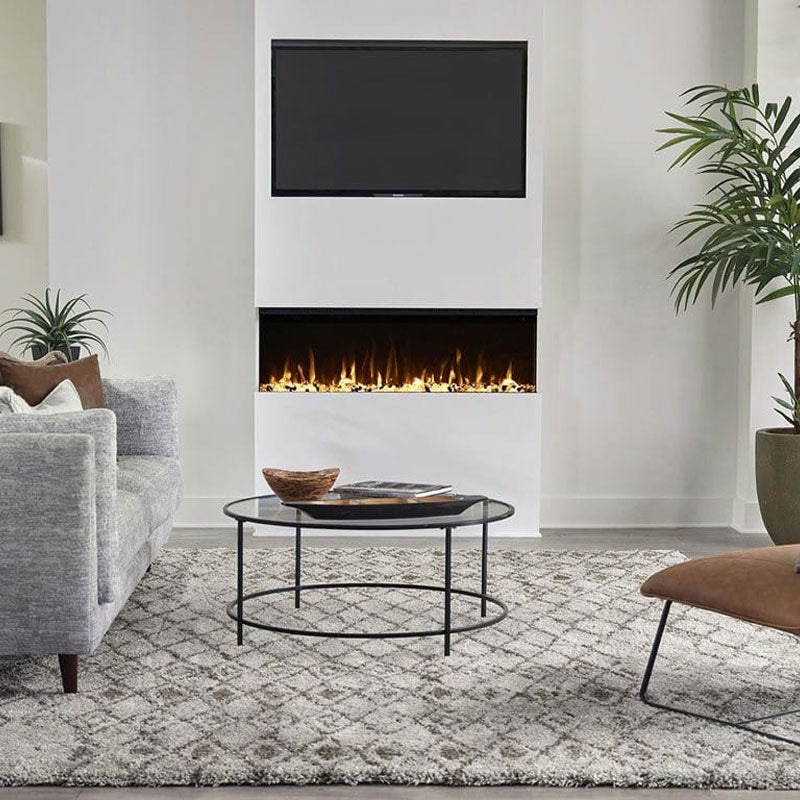 Touchstone Infinity Pro 3 Sided Recessed Smart Electric Fireplace 80066, electric fireplace installed living room view