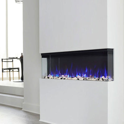 Touchstone Infinity Pro 3 Sided Recessed Smart Electric Fireplace 80066, three-sided electric fireplace installed corner view