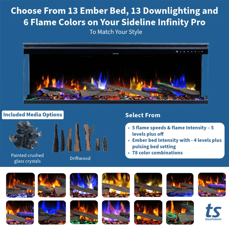 Touchstone Infinity Pro 3 Sided Recessed Smart Electric Fireplace 80066, electric fireplace color and media options