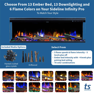 Touchstone Infinity Pro 3 Sided Recessed Smart Electric Fireplace 80066, electric fireplace color and media options