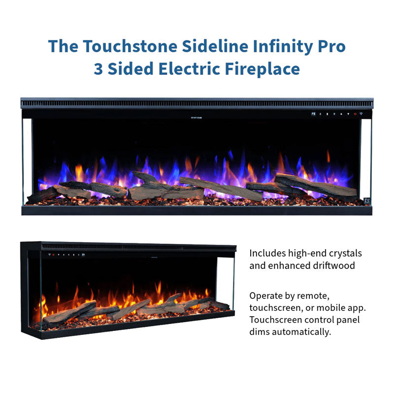 Touchstone Infinity Pro 3 Sided Recessed Smart Electric Fireplace 80066, three-sided electric fireplace front and side views