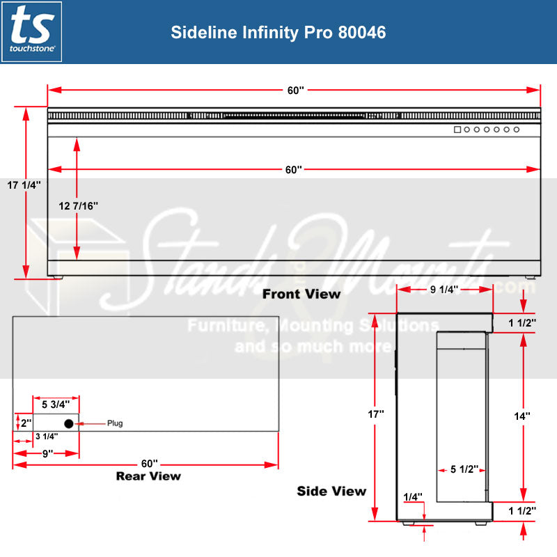 Touchstone Infinity Pro 3 Sided Recessed Smart Electric Fireplace 80046, electric fireplace dimensions diagram
