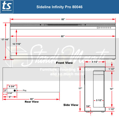 Touchstone Infinity Pro 3 Sided Recessed Smart Electric Fireplace 80046, electric fireplace dimensions diagram