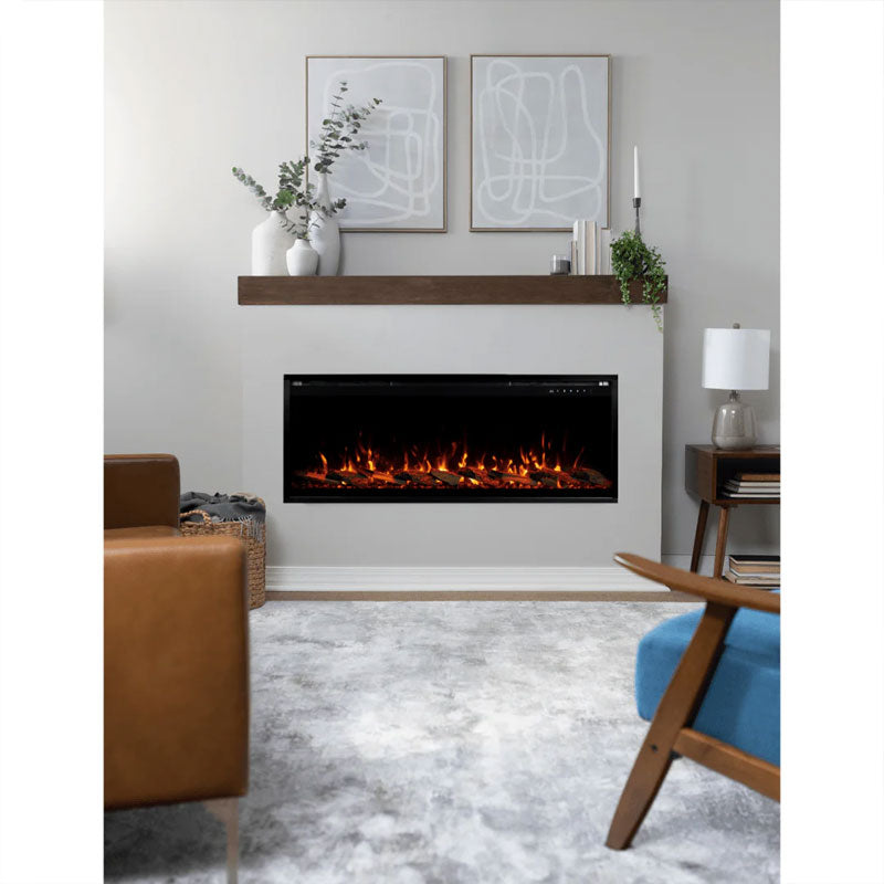 Touchstone Sideline Elite Pro Smart Recessed Electric Fireplace 80063, electric fireplace installed living room view