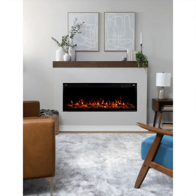 Touchstone Sideline Elite Pro Smart Recessed Electric Fireplace 80063, electric fireplace installed living room view