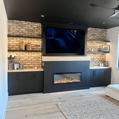Touchstone Sideline Elite Pro Smart Recessed Electric Fireplace 80063, electric fireplace installed entertainment wall view