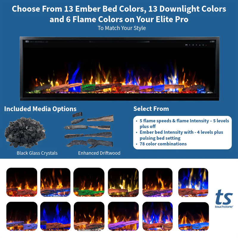 Touchstone Sideline Elite Pro Smart Recessed Electric Fireplace 80063, electric fireplace flame and media options
