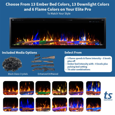 Touchstone Sideline Elite Pro Smart Recessed Electric Fireplace 80063, electric fireplace flame and media options
