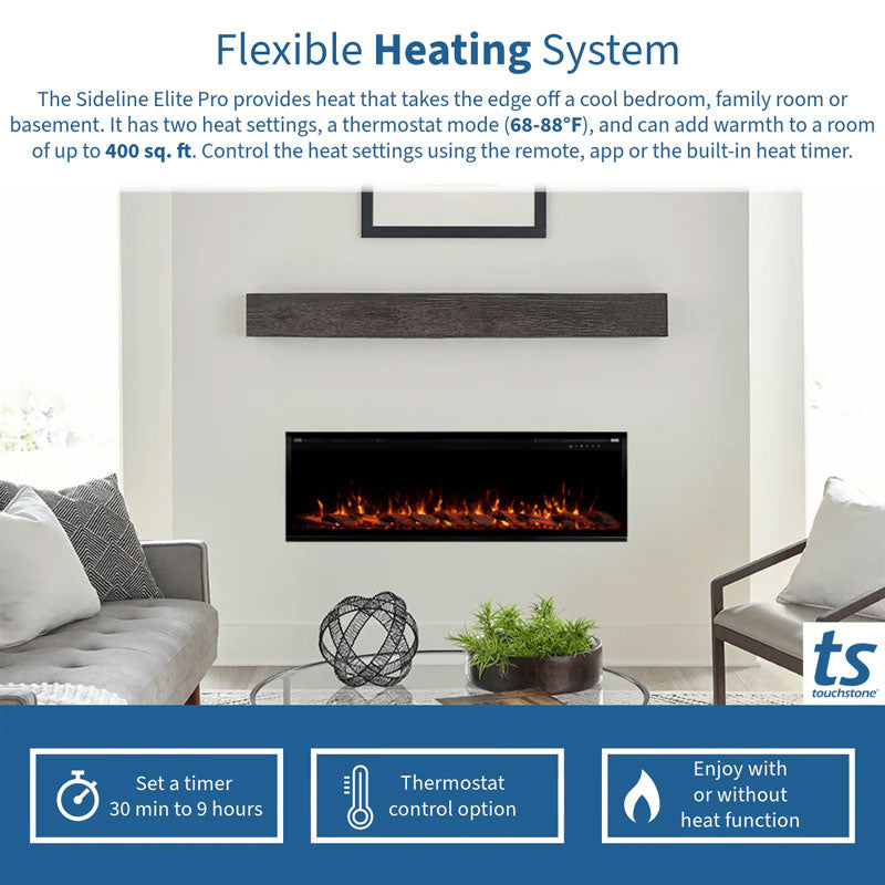 Touchstone Sideline Elite Pro Smart Recessed Electric Fireplace 80063, electric fireplace heating feature diagram