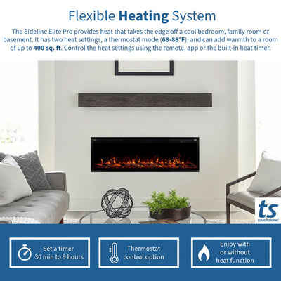 Touchstone Sideline Elite Pro Smart Recessed Electric Fireplace 80063, electric fireplace heating feature diagram