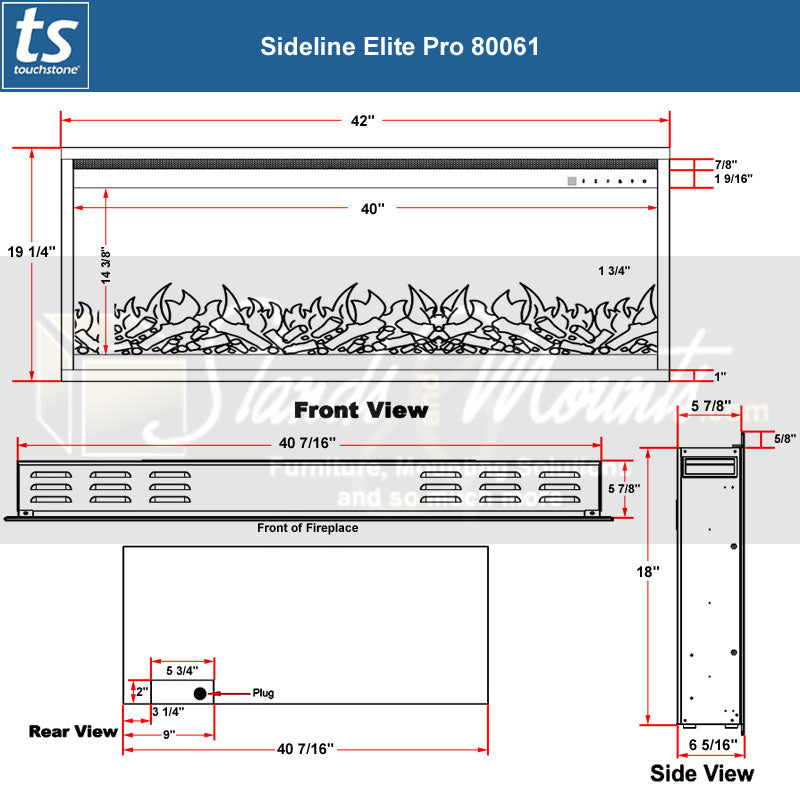 Touchstone Sideline Elite Pro Smart Recessed Electric Fireplace 80061, electric fireplace dimensions diagram