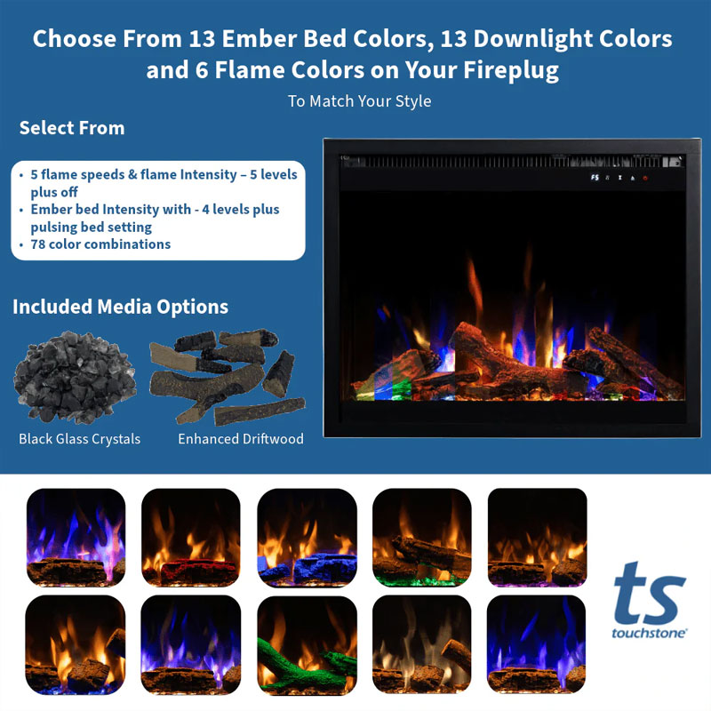 Touchstone Fireplug Pro Smart Electric Fireplace Insert 80072, electric fireplace ember bed and flame color options graphic