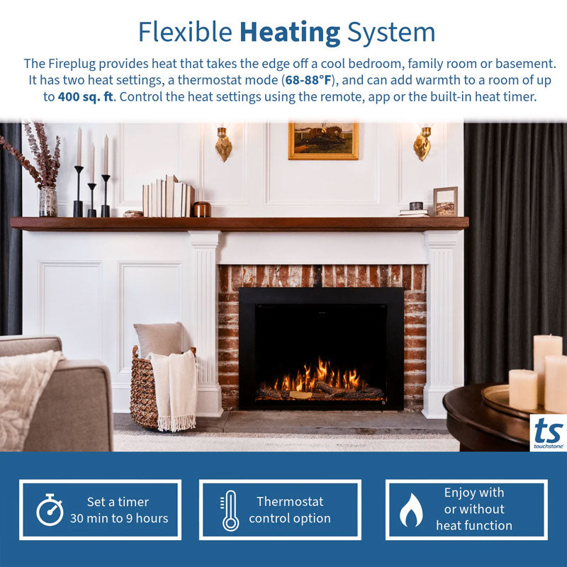 Touchstone Fireplug Pro Smart Electric Fireplace Insert 80072, electric fireplace flexible heating system infographic