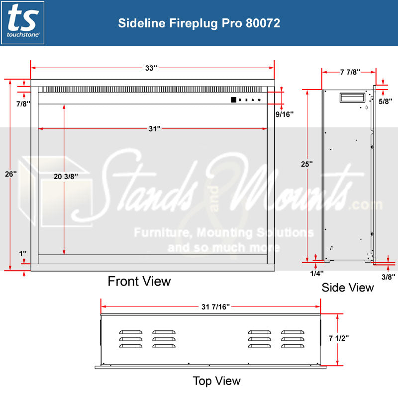 Touchstone Fireplug Pro Smart Electric Fireplace Insert 80072, electric fireplace dimensions diagram