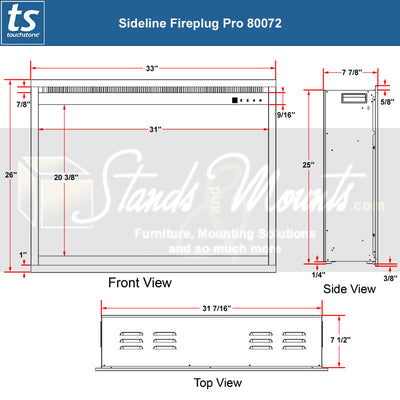 Touchstone Fireplug Pro Smart Electric Fireplace Insert 80072, electric fireplace dimensions diagram