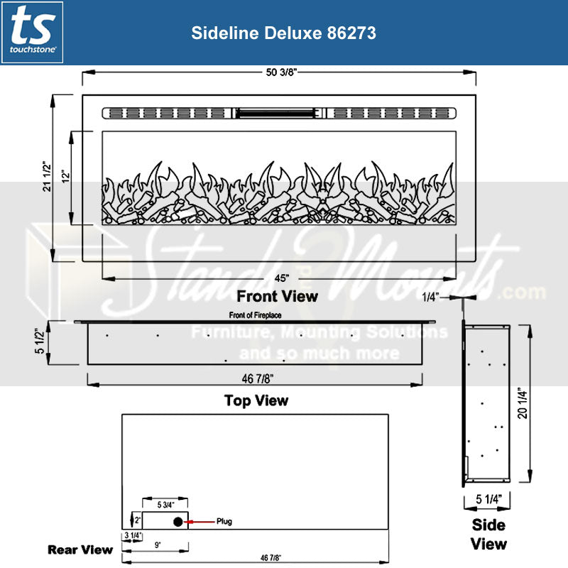 Touchstone Sideline DLX Recessed Electric Fireplace 86273, electric fireplace technical dimensions