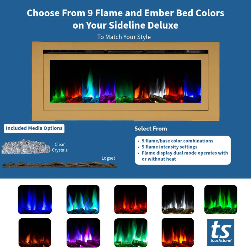 Touchstone Sideline Deluxe Rec Smart Electric Fireplace 86278, gold electric fireplace flame and ember color options