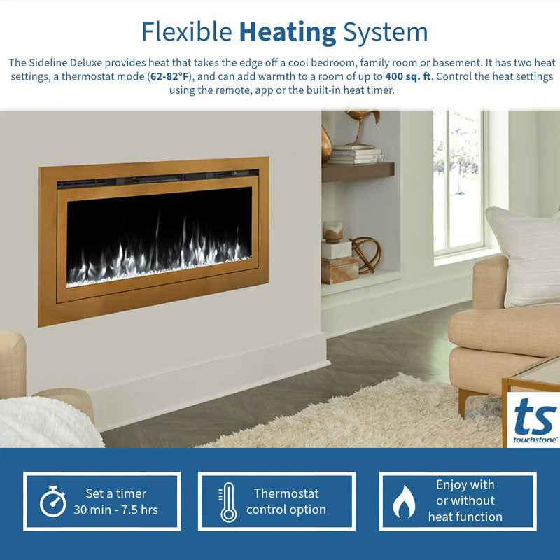 Touchstone Sideline Deluxe Rec Smart Electric Fireplace 86278, gold electric fireplace heating feature diagram