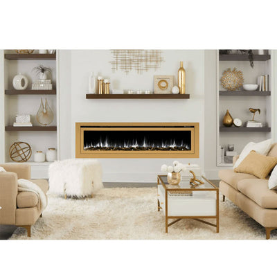 Touchstone Sideline Deluxe Rec Smart Electric Fireplace 86278, gold electric fireplace installed living room view