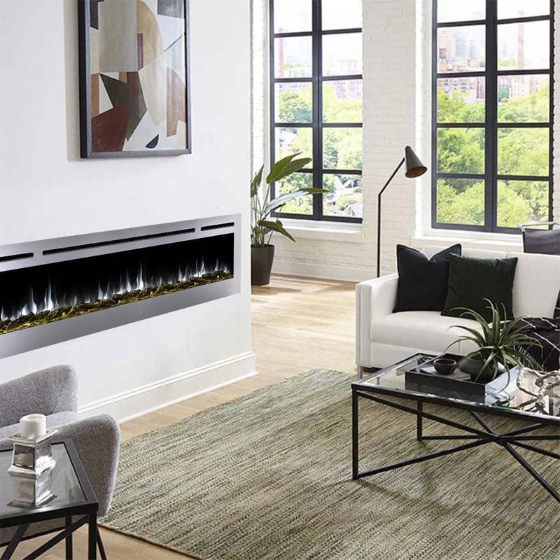 Touchstone Sideline DLX Rec Smart Electric Fireplace 86279, linear electric fireplace installed in bright living room
