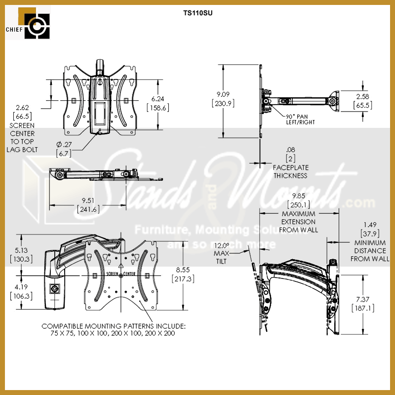 Chief THINSTALL Small Swing Arm Wall Mount TS110SU, articulating wall mount technical dimensions diagram