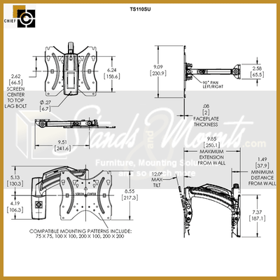 Chief THINSTALL Small Swing Arm Wall Mount TS110SU, articulating wall mount technical dimensions diagram