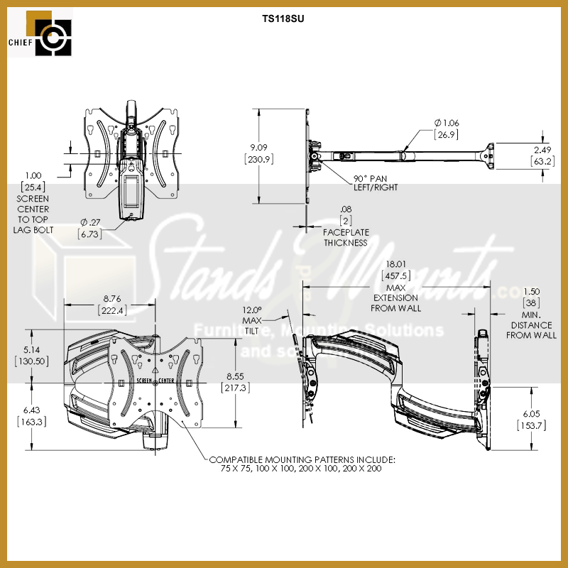 Chief THINSTALL Small Swing Arm Wall Mount TS118SU, tilting monitor wall mount technical dimensions diagram