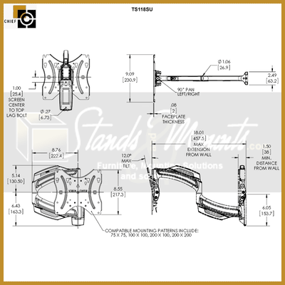 Chief THINSTALL Small Swing Arm Wall Mount TS118SU, tilting monitor wall mount technical dimensions diagram