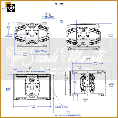 Chief THINSTALL Medium Dual Swing Arm Wall Mount TS318TU, projector mount technical dimensions diagram