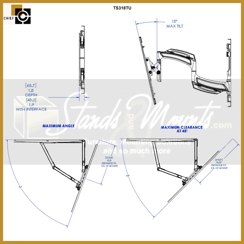 Chief THINSTALL Medium Dual Swing Arm Wall Mount TS318TU, projector mount tilt and clearance dimensions diagram
