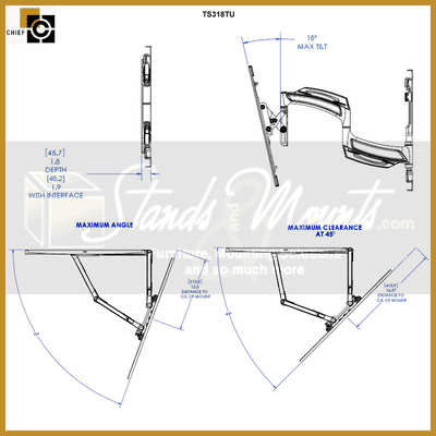 Chief THINSTALL Medium Dual Swing Arm Wall Mount TS318TU, projector mount tilt and clearance dimensions diagram