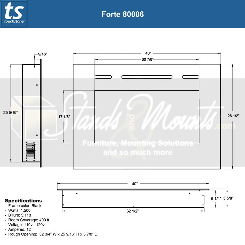 Touchstone Forte Recessed Smart Electric Fireplace 80006, electric fireplace technical dimensions diagram