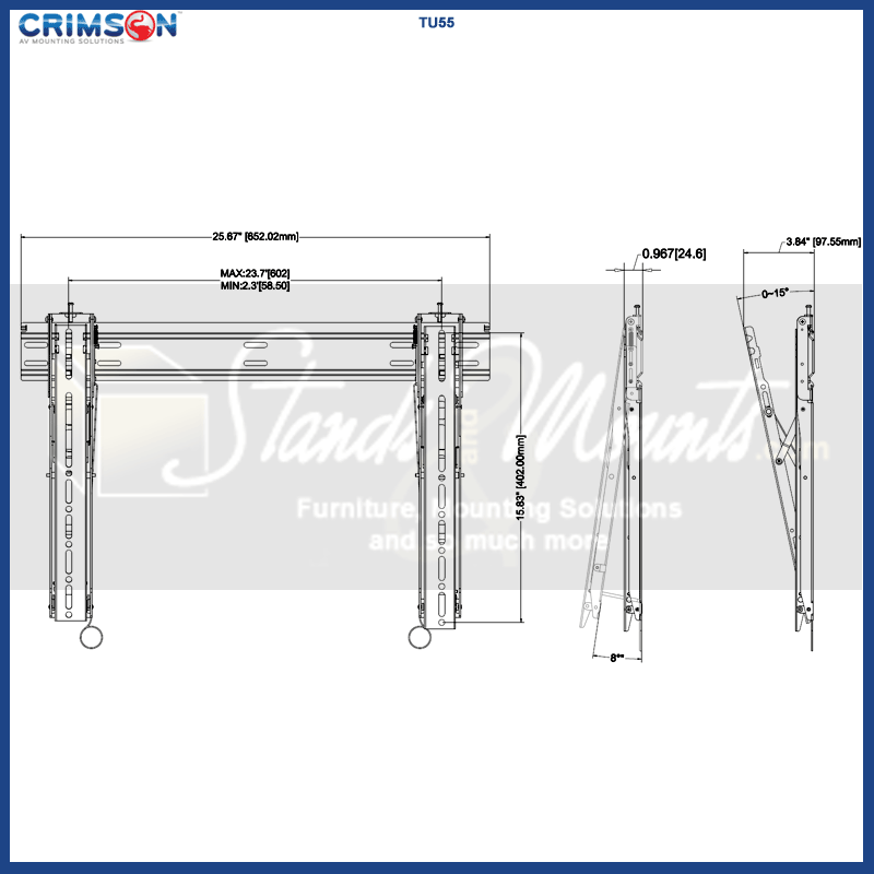 Crimson Large Ultra Flat Tilt TV Wall Mount TU55, dual-row video wall ceiling mount dimensions diagram