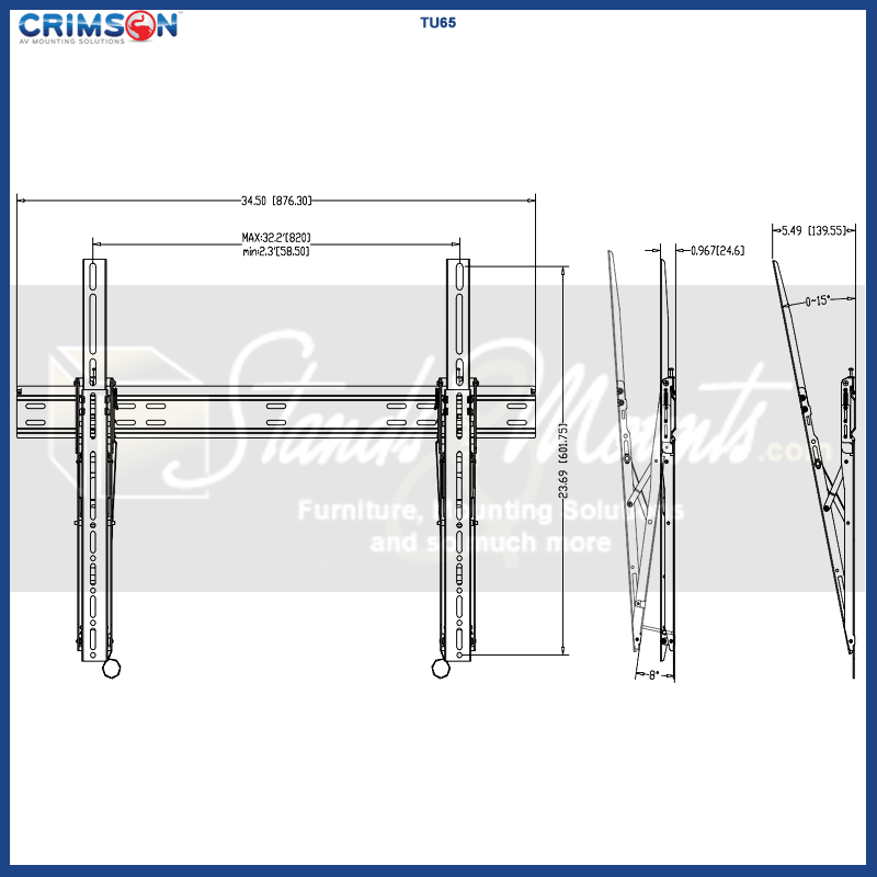 Crimson Extra Large Ultra Flat Tilt TV Wall Mount TU65, tilt TV wall mount dimensions diagram