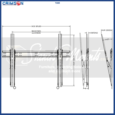 Crimson Extra Large Ultra Flat Tilt TV Wall Mount TU65, tilt TV wall mount dimensions diagram