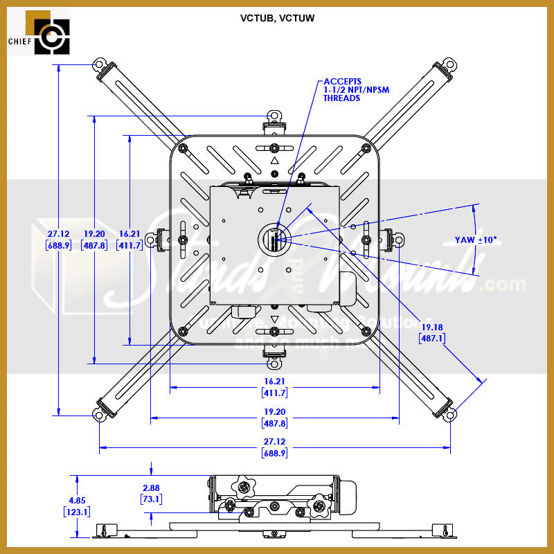 Chief XL Tool-Free Large Venue Projector Mount VCTUW, ceiling mounting plate dimensions diagram