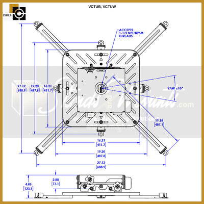 Chief XL Tool-Free Large Venue Projector Mount VCTUW, ceiling mounting plate dimensions diagram
