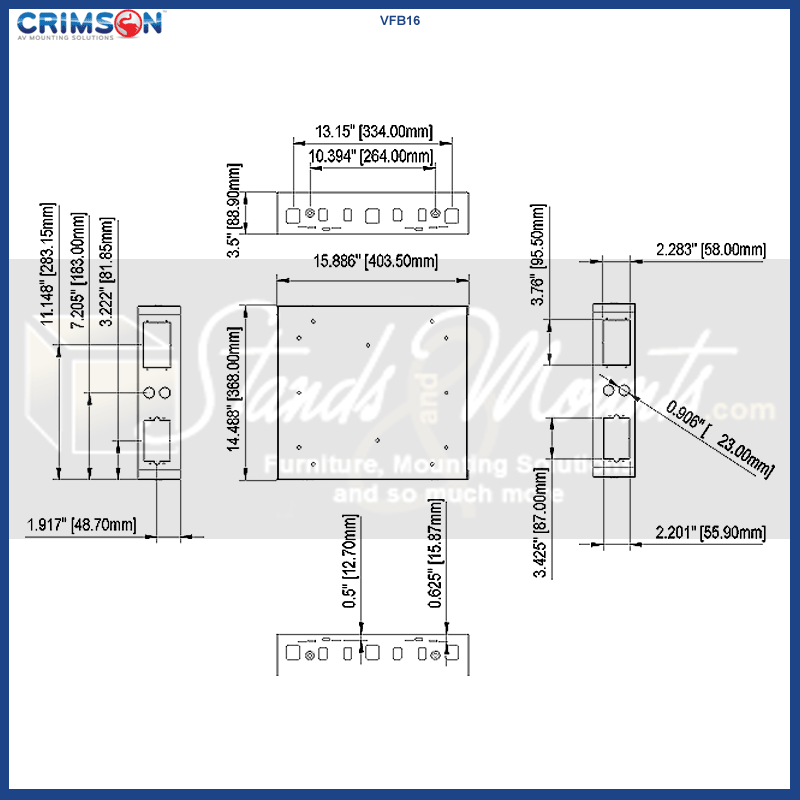 Crimson VersaFit In-Wall System VFB16B, in-wall enclosure dimensions diagram