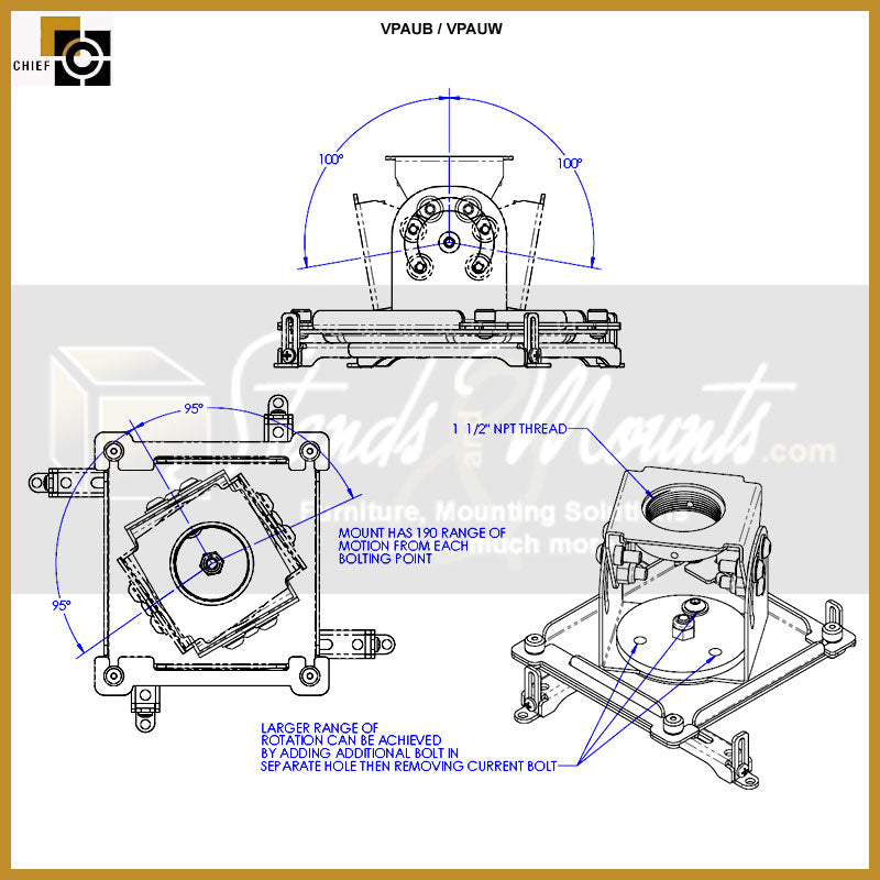 Chief Vertical and Portrait Projector Mount VPAUW, projector mount adjustment range diagram