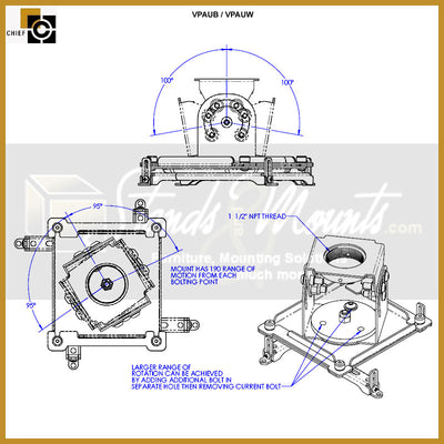 Chief Vertical and Portrait Projector Mount VPAUW, projector mount adjustment range diagram