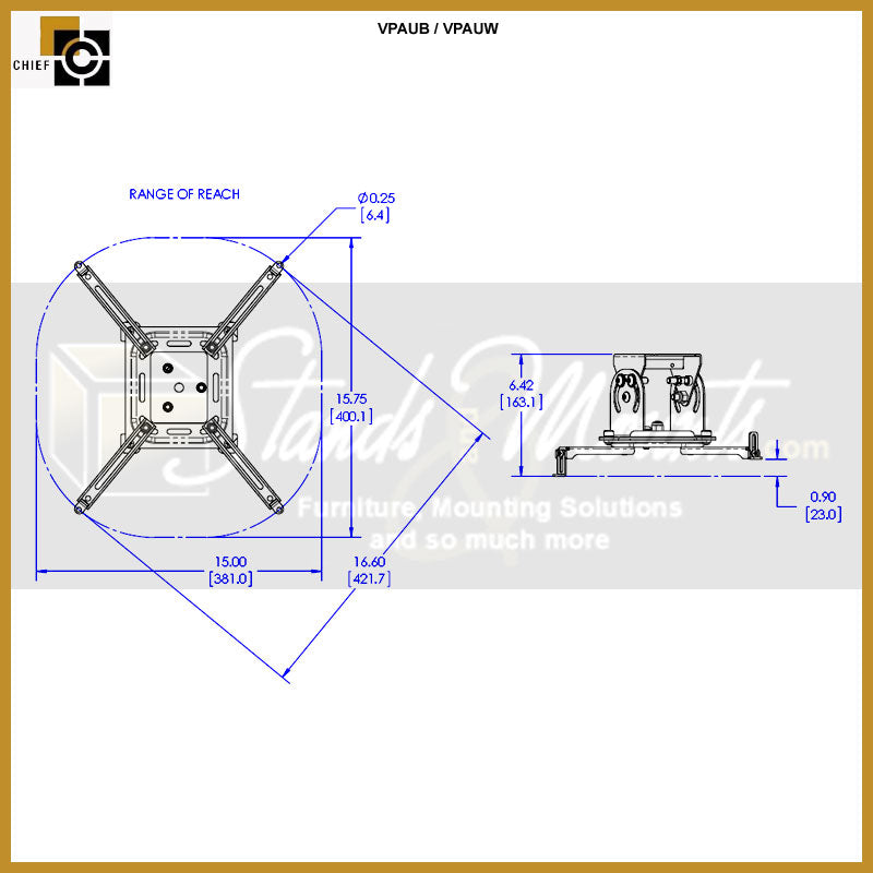 Chief Vertical and Portrait Projector Mount VPAUW, projector mount reach range diagram