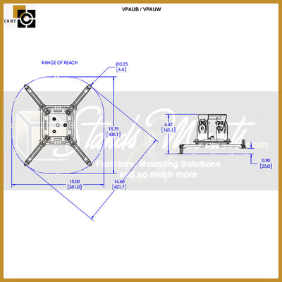 Chief Vertical and Portrait Projector Mount VPAUW, projector mount reach range diagram
