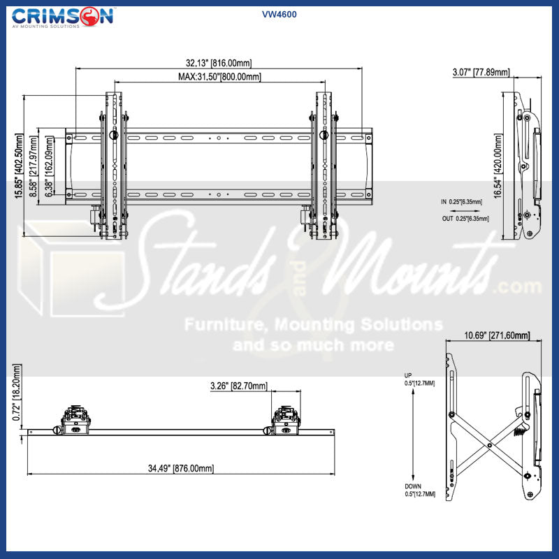 Crimson Extra Large Video Wall TV Mount VW4600, tilting wall mount technical dimensions